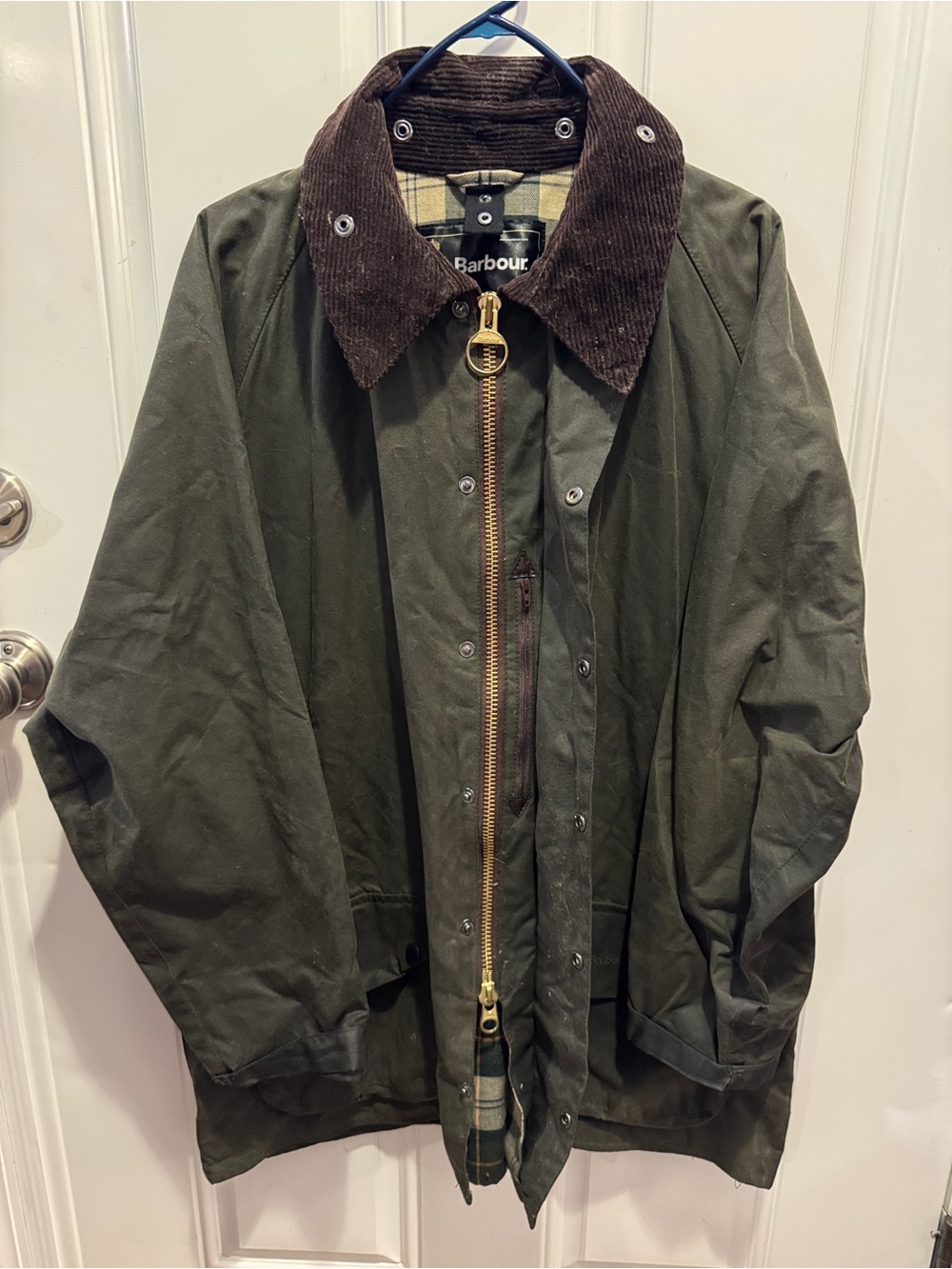 Barbour Olive Green Waxed Military Field Jacket with Brown Cord Collar